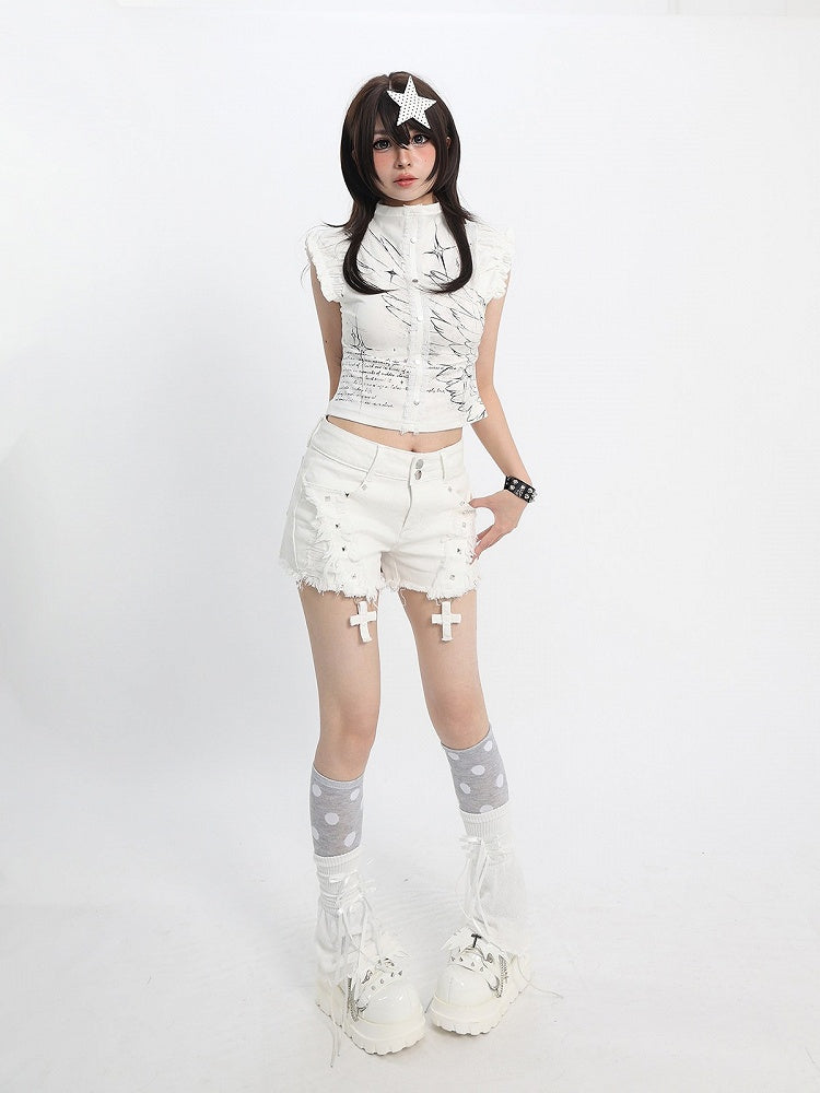 Sweet Kawaii White Distressed Shorts with Rivet and Cross Decor - Catwish | CoyBunny