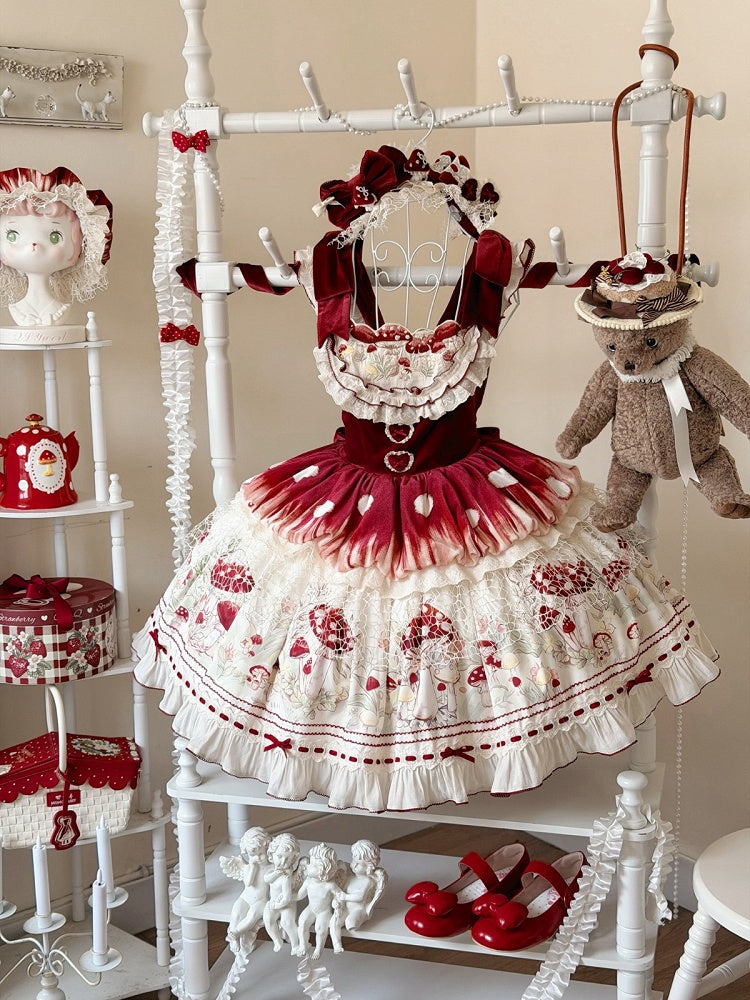 Red Velvet Mushroom Print JSK Dress with Heart Accent - Honey Machine | CoyBunny