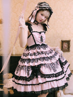 Black Pink High Waist Ruffled Lolita Jumper Skirt - Mademoiselle Pearl | CoyBunny