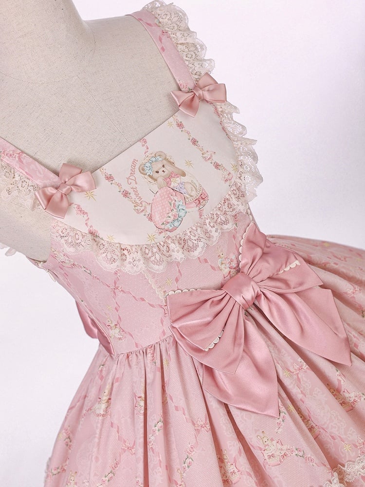 Sweet Pink Doll-Themed Lolita JSK with Bow Accents and Toy Bed Print - Alice Girl | CoyBunny