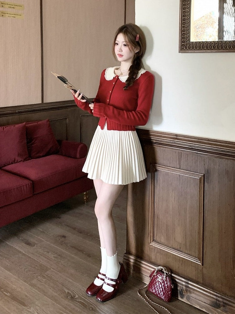 Red Knit Peter Pan Collar Cardigan with Lace - Qchiwawameme | CoyBunny