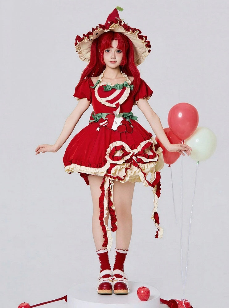 Red Ruffled Sweet Lolita Fluffy OP Dress Full Set | CoyBunny