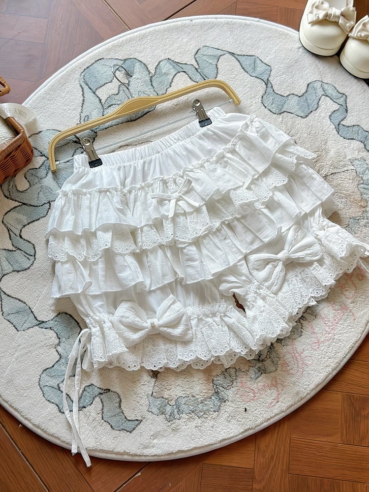 Sweet Lolita White Cotton Bloomers with Tiered Ruffles & Bow | CoyBunny