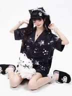 Black Daily Kawaii Bunny Print Loungewear Set Short Sleeve Top Shorts - CRAZY GIRL | CoyBunny