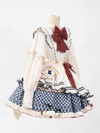 White Long-Sleeve Knitted Top Apron Blue Plaid Print Skirt Sweet Lolita Full Set | CoyBunny