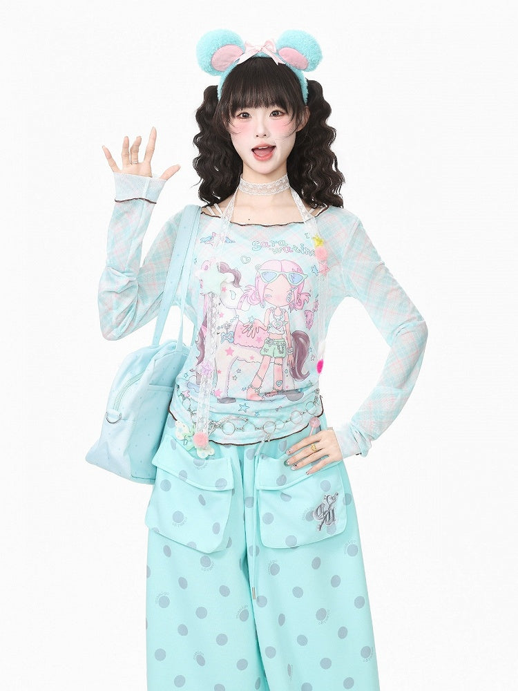 Cyan Breathable Mesh Long Sleeve Sun Protection Tee with Cartoon - Languid Park | CoyBunny