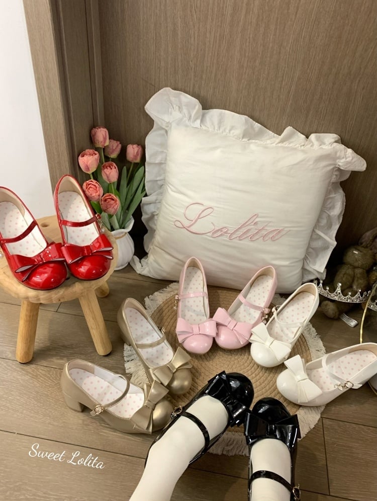 Wine Red Sweet Lolita Mid Heels - Polished Bow Mary Jane Shoes | CoyBunny