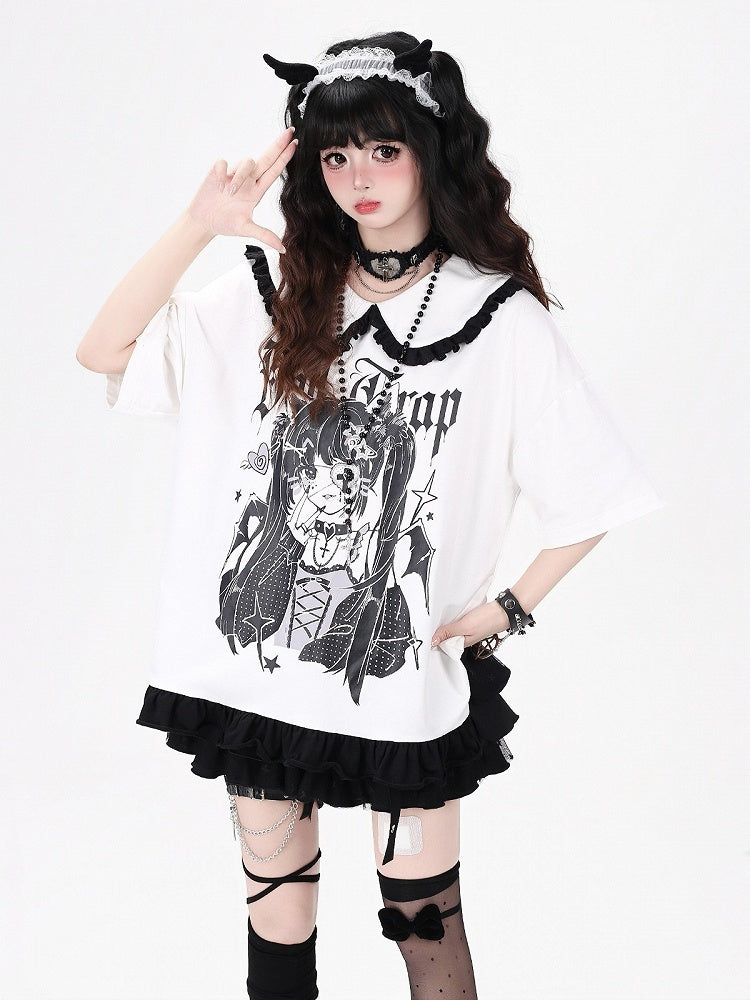 Anime Girl Print White Peter Pan Collar Short Sleeve T-Shirt with Ruffle Hem - CRAZY GIRL | CoyBunny