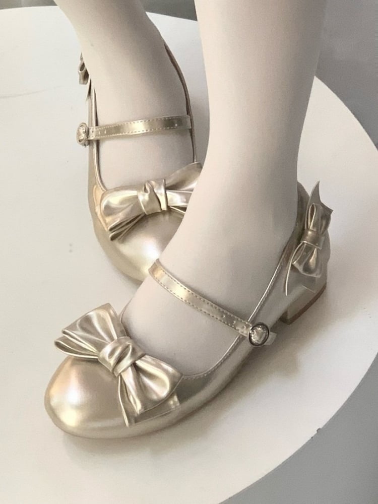 Gold Vintage Round Toe Lolita Shoes with Bow - Unmissable Berry | CoyBunny