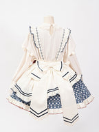 White Long-Sleeve Knitted Top Apron Blue Plaid Print Skirt Sweet Lolita Full Set | CoyBunny