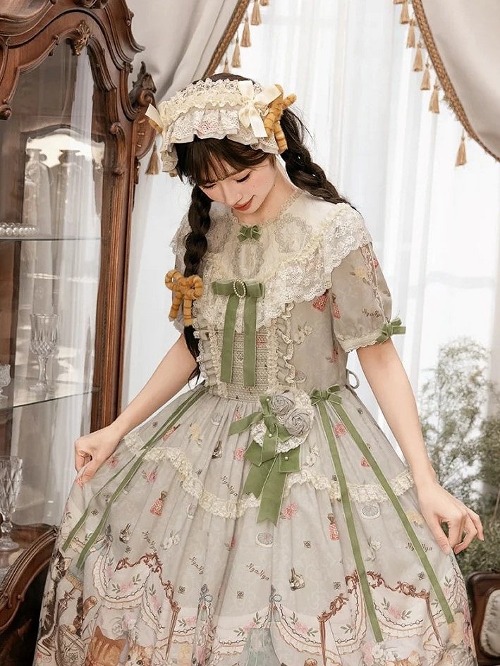 Beige/Green Lace Ruffled Sweet Lolita Hairband with Plush Bows - NyaNya | CoyBunny