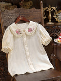 Pink Rosette Embroidery Collar Cream Short Sleeve Blouse - Dream Magic Box | CoyBunny