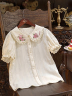 Pink Rosette Embroidery Collar Cream Short Sleeve Blouse - Dream Magic Box | CoyBunny