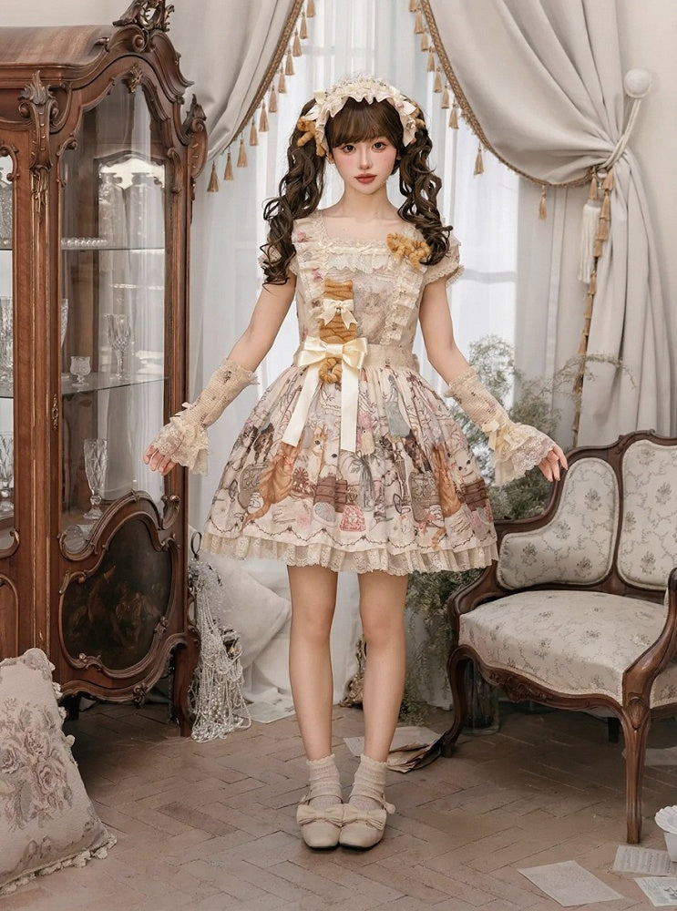 Beige Cat Print Square Neckline Sweet Lolita JSK Dress with Plush Cat Patch - NyaNya | CoyBunny