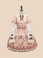 Puppy Coffee Shop Print Pink Sweet Lolita OP Dress with Detachable Sleeves - Stars Fall on the Foggy Island | CoyBunny