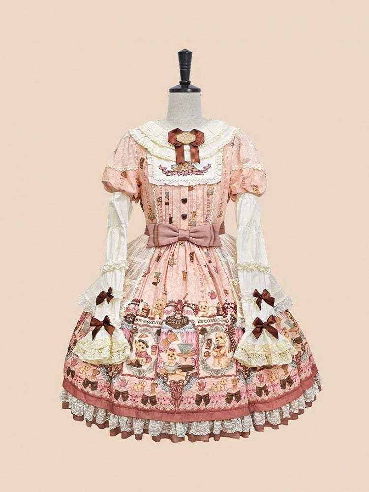 Puppy Coffee Shop Print Pink Sweet Lolita OP Dress with Detachable Sleeves - Stars Fall on the Foggy Island | CoyBunny