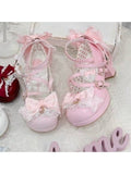 Sweet Lolita Pink Middle Heel Platform Shoes with Lace - Sheep Puff | CoyBunny