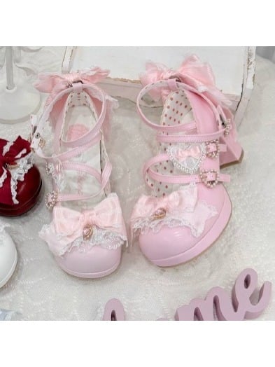 Sweet Lolita Pink Middle Heel Platform Shoes with Lace - Sheep Puff | CoyBunny