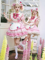 Strawberry Theme Sweet Lolita OP with Apron, Sakura Pink Striped Pattern - Sakurahime | CoyBunny