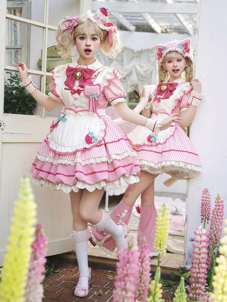 Strawberry Theme Sweet Lolita OP with Apron, Sakura Pink Striped Pattern - Sakurahime | CoyBunny