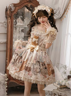 Beige Cat Print Square Neckline Sweet Lolita JSK Dress with Plush Cat Patch - NyaNya | CoyBunny