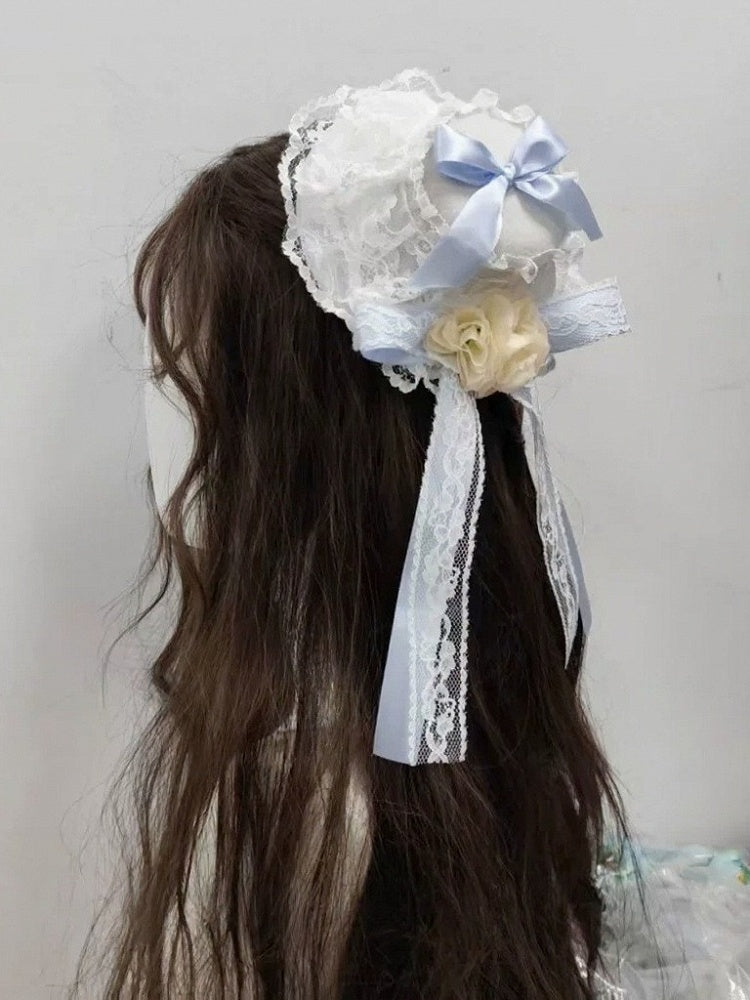 Light Blue Lace Trim Mini Hat with Bow - Ye Cheng Hair Accessory | CoyBunny