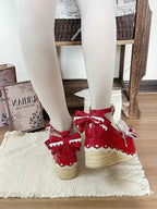Wine Red Lace Bowknot Platform Shoes with Rabbit Ears - Cheese Mango | CoyBunny
