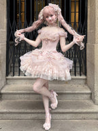 Pink Balletcore Princess Lolita Outfit - Boned Corset Top & Layered Ruffle Skirt Set | CoyBunny