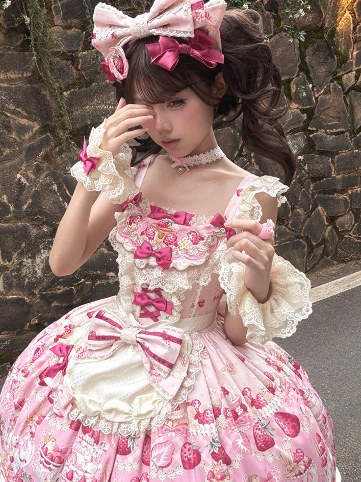 Beige Lace Sweet Lolita Wrist Cuffs with Pink Bows - B.Dolly | CoyBunny