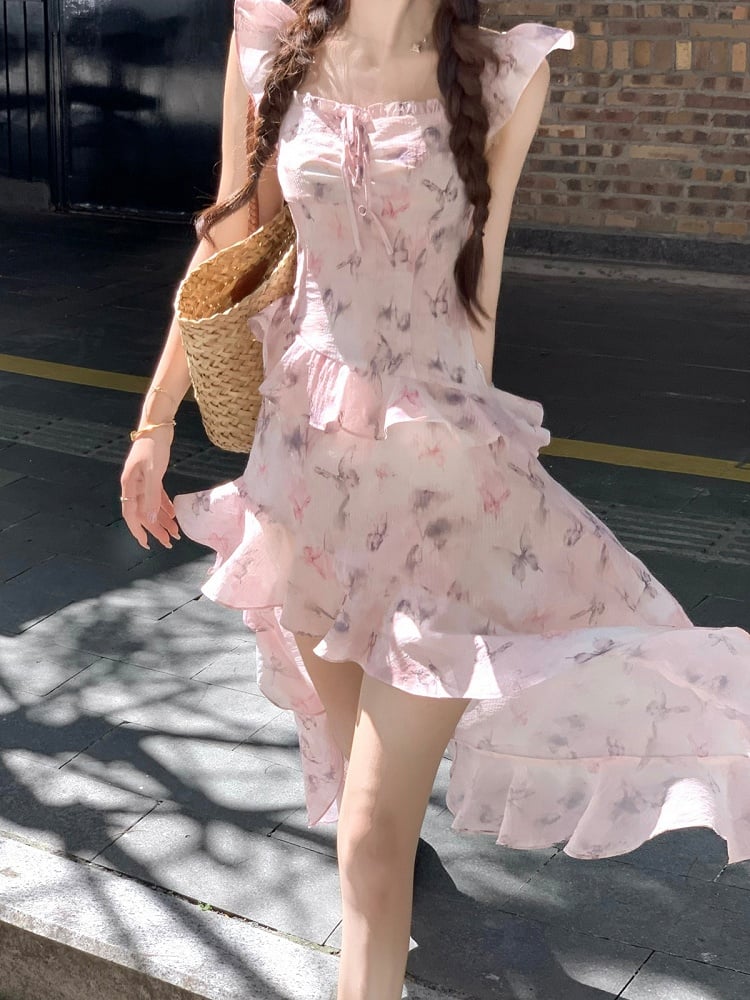 Pink Butterfly Print Dress with Asymmetrical Hem - Qchiwawameme | CoyBunny