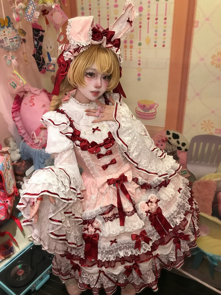 White Ruffled Neck Lolita Tiered Bell Sleeves Blouse Red Bows - Starry Messenger | CoyBunny