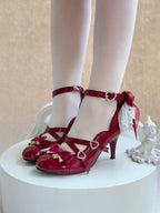 Wine Red Strawberry Embroidered 9cm Heels with Bow - Cheese Mango | CoyBunny
