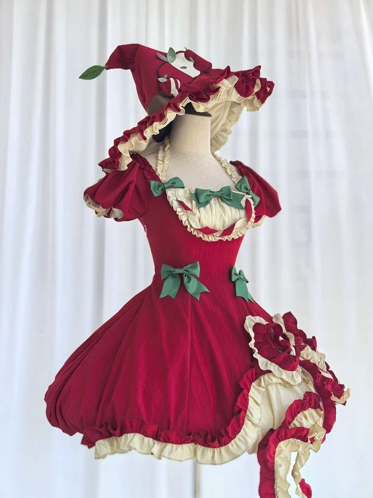 Red Ruffled Sweet Lolita Fluffy OP Dress Full Set | CoyBunny