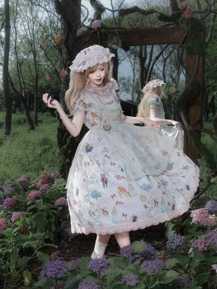 Rose Alice in Wonderland Print Round Neck Sweet Gown with Drawstring Waist - Forest Fairy Tales | CoyBunny