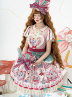 Pink & Green Alice Cat Vibes Heart-shaped Patch Sweet Lolita Dress with Apron Belt - Mewroco | CoyBunny