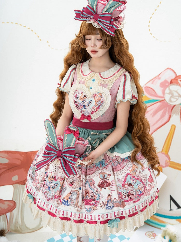 Pink & Green Alice Cat Vibes Heart-shaped Patch Sweet Lolita Dress with Apron Belt - Mewroco | CoyBunny