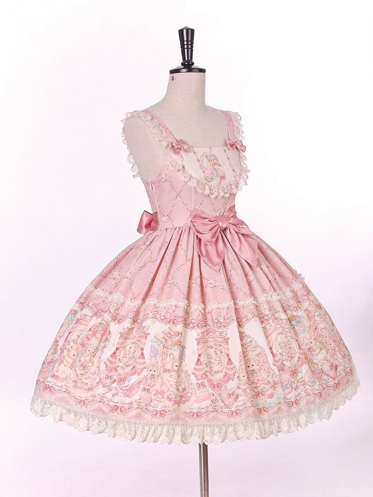 Sweet Pink Doll-Themed Lolita JSK with Bow Accents and Toy Bed Print - Alice Girl | CoyBunny