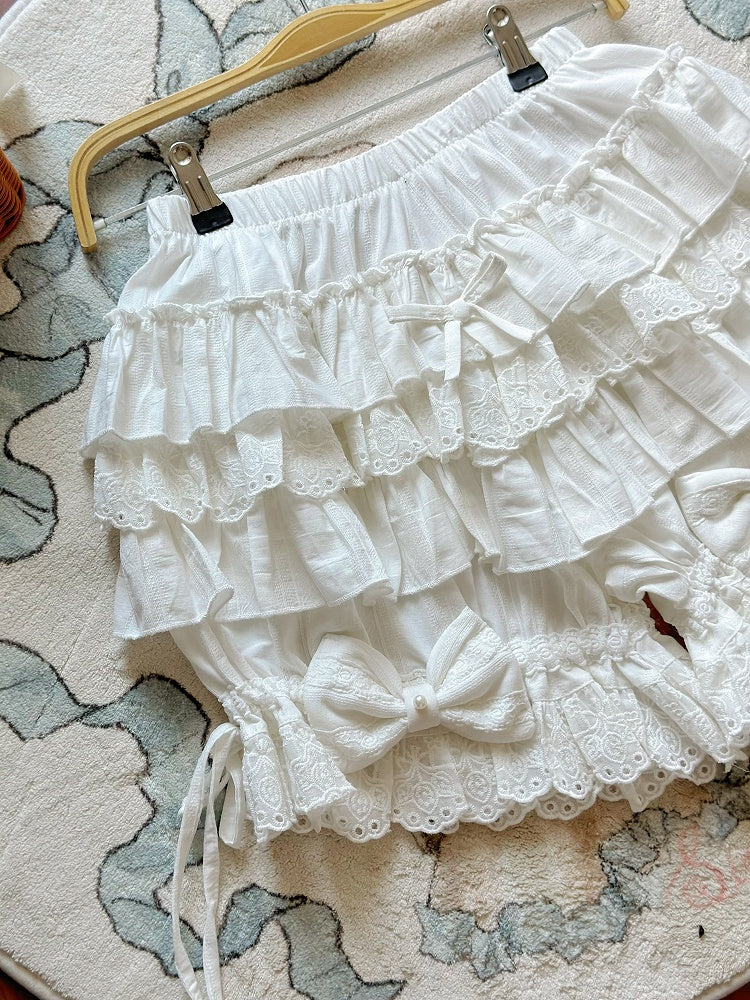 Sweet Lolita White Cotton Bloomers with Tiered Ruffles & Bow | CoyBunny