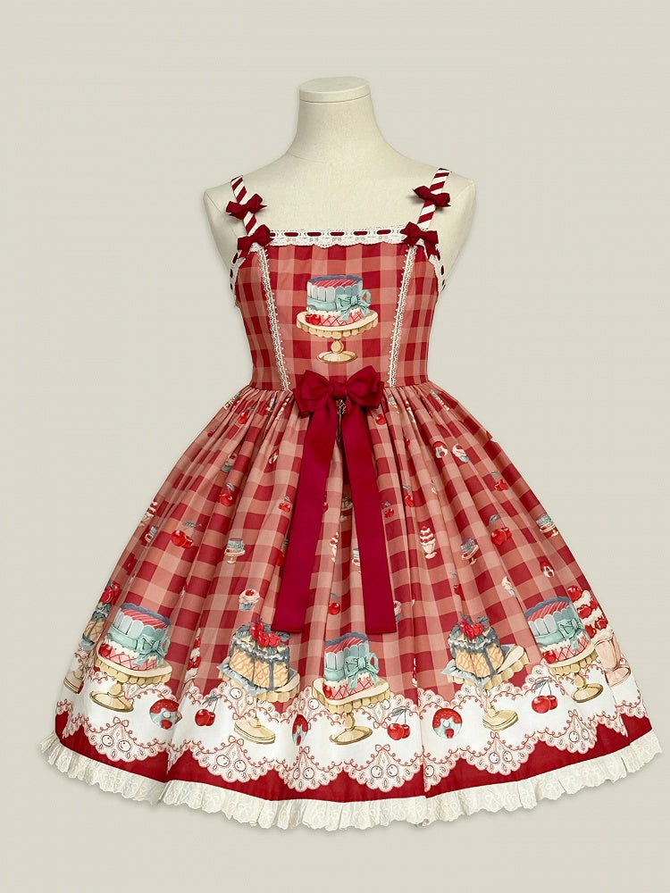 Red Gingham Print Cherry and Dessert Sweet Lolita Jumper Skirt | CoyBunny
