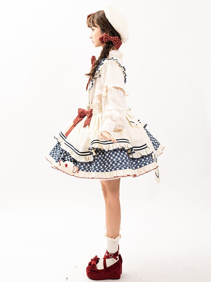 White Long-Sleeve Knitted Top Apron Blue Plaid Print Skirt Sweet Lolita Full Set | CoyBunny