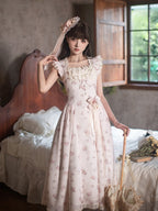 Graceful Pink Floral Lace JSK Dress with Brooch Set | CoyBunny