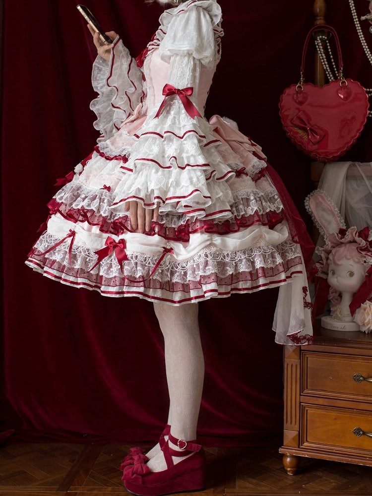 White Ruffled Neck Lolita Tiered Bell Sleeves Blouse Red Bows - Starry Messenger | CoyBunny