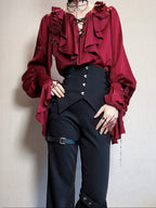 Crimson Poet Shirt with Floral Pins and Chain Accents - Shi Zhi Mao | CoyBunny