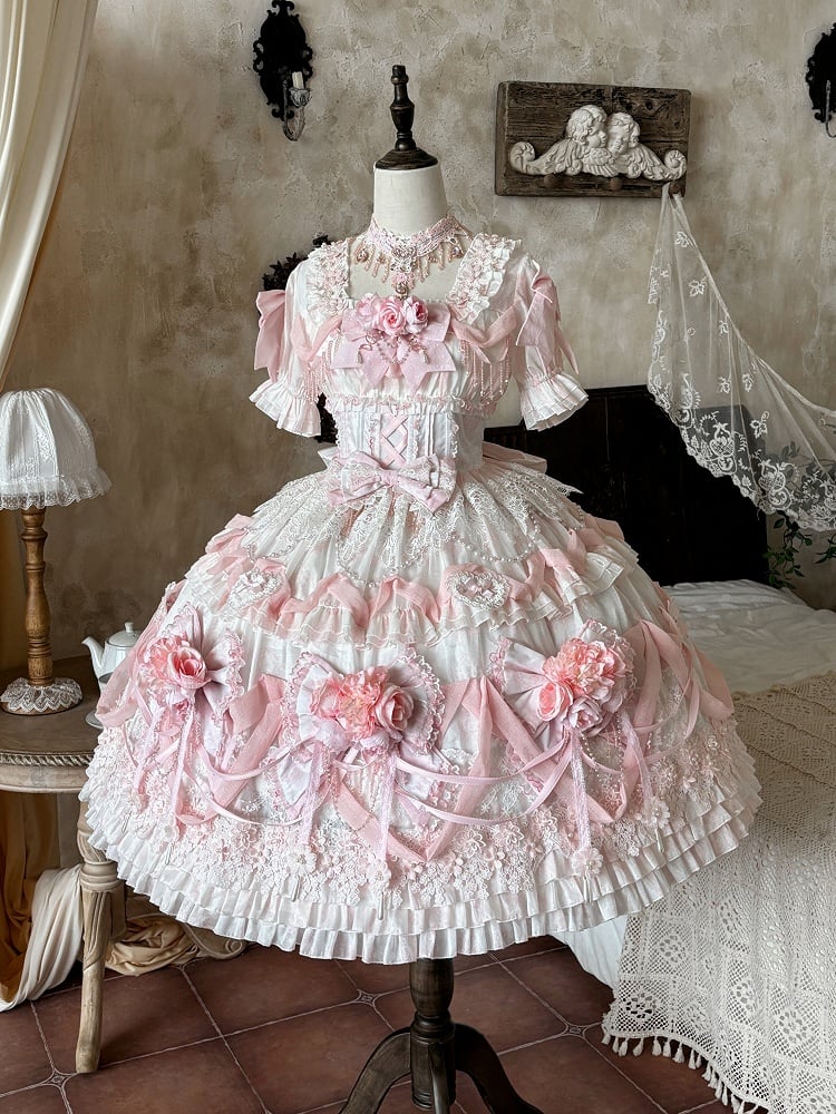 Rose Hanayome Lolita Hime Gown with Detachable Sleeves, Flower Bows and Pearl Chains - sedef | CoyBunny