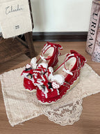 Wine Red Lace Bowknot Platform Shoes with Rabbit Ears - Cheese Mango | CoyBunny