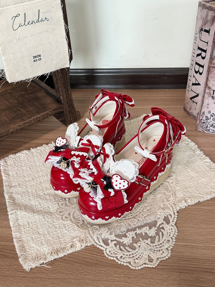 Wine Red Lace Bowknot Platform Shoes with Rabbit Ears - Cheese Mango | CoyBunny