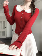 Red Knit Peter Pan Collar Cardigan with Lace - Qchiwawameme | CoyBunny