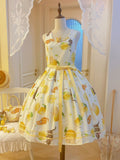 Yellow Sweet Lolita Floral Print Jumper Dress with Cat Motif - Cutey Mask | CoyBunny