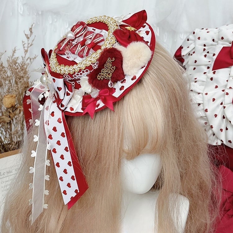 Hat Details Bowknot Design Sweet Lolita RedWhite Beaded with Heart Mini | CoyBunny