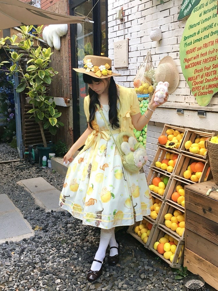Yellow Sweet Lolita Floral Print Jumper Dress with Cat Motif - Cutey Mask | CoyBunny